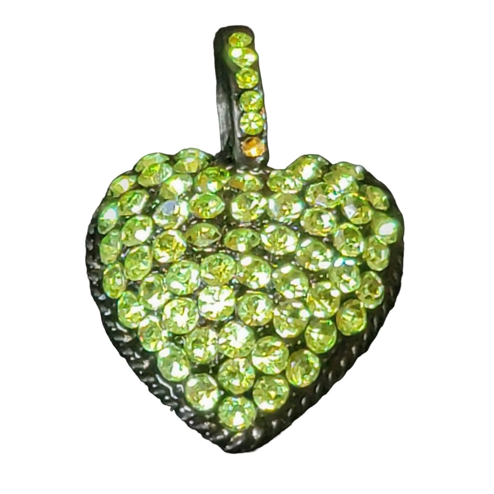 Green Rhinestone Heart Pendant 1.5" Black Puffy 3D Charm Pave Whimsigoth Y2K